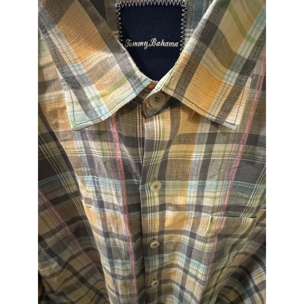 Tommy Bahama Button-Up Shirt Mens L‎ Plaid Island Zone Linen Blend Long Sleeve